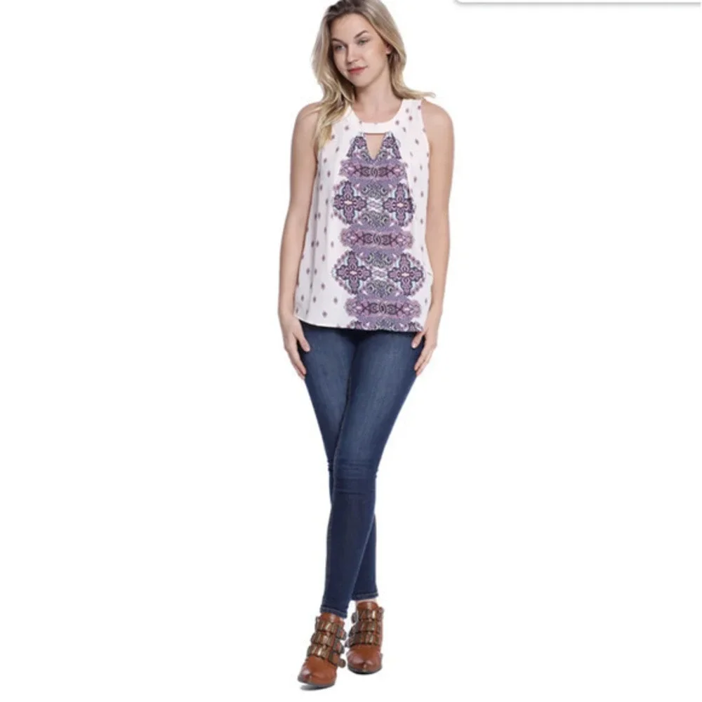 TAYLOR & SAGE High-Neck Keyhole Woven Tank Boho Festival Print Sleeveless - Picture 3 of 10